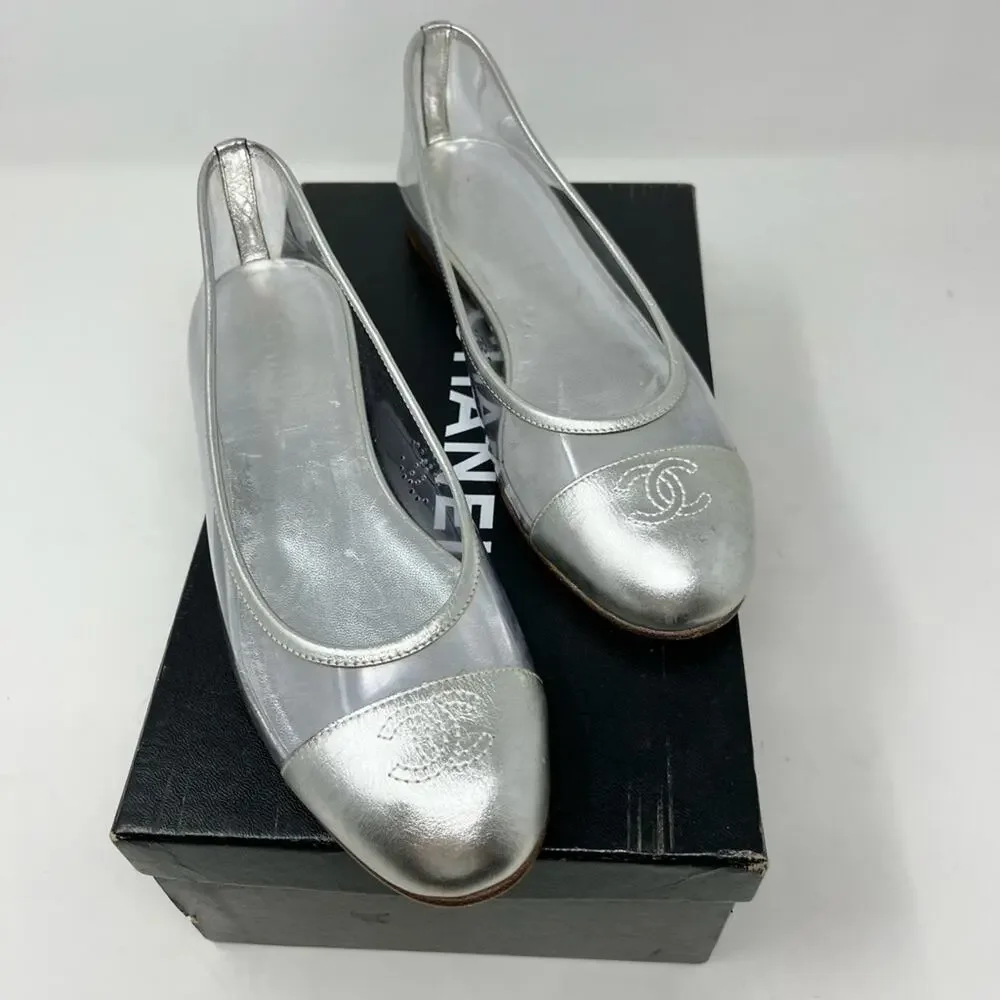 Chanel Interlocking CC Logo Silver Ballet Flat Cap Toe PVC Flat Size 36.5 EU